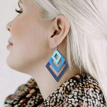 1 Pair Wooden 3-Piece Ombre Rhombus Combination Earrings For Women, Oversized Exaggerated Drop Earrings, Vintage & Unique - Blue - View 4