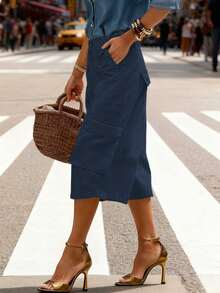 全新女式休闲纯色口袋短工装裤 - 深色水洗藍 - 查看 2