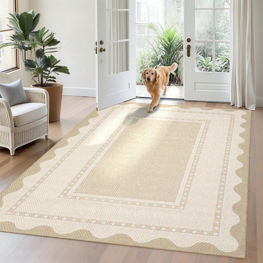 1PCS Room Decor Bordered Rug Scalloped Geometric Pattern Modern Washable Low Pile Area Rug For Living Room Bedroom Contemporary Non Slip Large Rug Low Pile Stain Resistant Carpet For Classroom Dining Room Runner For Hallway Kitchen Enterway - 米色 - 查看 1