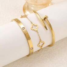 New Luxury Sparkling Four-Leaf Clover Bracelet Set, Suitable For Daily Wear And Gift Giving - Yellow Gold - View 5