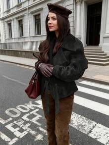 Women's Autumn/Winter French Suede Fleece Lapel Casual Double-Breasted Jacket With Tie-Waist, Fashion New Matte Fleece Slim Fit Elegant Retro Coat, Going Out Tops For Women - Black - View 2