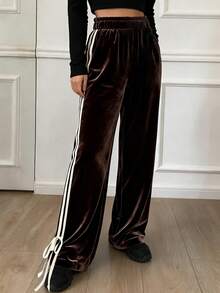 Livesso 女士撞色条纹系带宽松休闲裤 - 棕色 - 查看 2