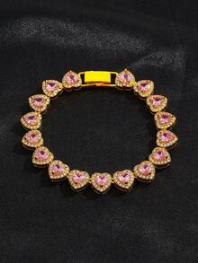 时尚优雅闪亮粉色心形项链手链套装，适合女士参加派对、日常佩戴、音乐节、情人节、节日礼物等场合。 - 時尚粉紅愛心項鍊 - 查看 2