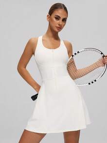 MASKERT Váy tennis nữ không tay khóa kéo trước dáng chữ A, váy tập gym, váy yoga, váy chạy bộ, leo núi, bóng chuyền, cầu lông, váy thể thao hoạt động ngoài trời - trắng - Xem 8