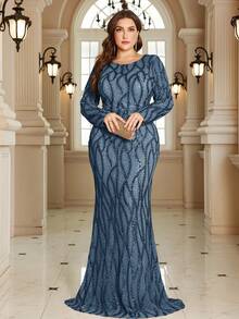 XUIBOL 高品质弹力优雅亮片拼接超修身加大码圆领晚宴约会婚礼派对生日周年纪念家庭鸡尾酒会正式晚宴婚礼宾客单身派对假日夏季秋季V领短袖优雅奢华新娘母亲礼服（重工刺绣） - 霧霾藍 - 查看 5