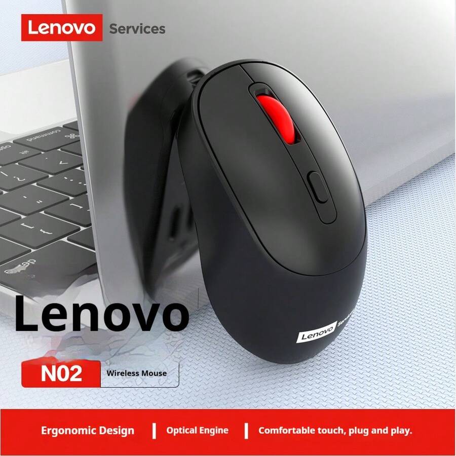 Lenovo N02 Wireless Mouse, 2.4G Wireless Connection, 4 Buttons, Strong Anti-Interference Capability, Smart Sleep Mode, Extended Battery Life, Portable Design, Suitable For Office, Laptop, Desktop And Tablet - Black - View 1