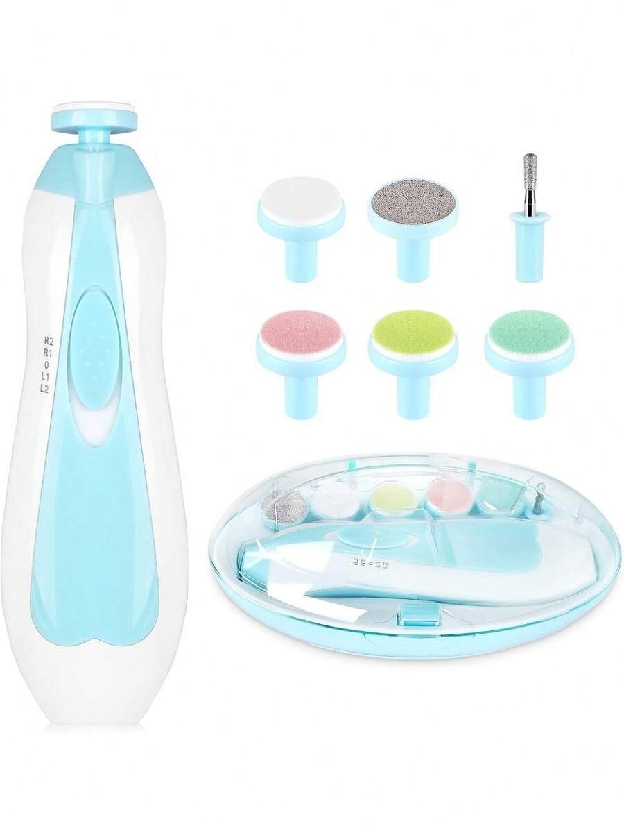 Cochildor Baby Nail File Clippers Electric: Baby Nail Trimmer Electric Kit Fingernails Toes Care Manicure 6-In-1 Set With LED Light  For Newborn Kids And Adult  Available In Pink And Blue. - 藍色 - 查看 1