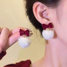 1 Pair Cute Versatile Christmas Red Bow Fuzzy Ball Stud Earrings, Soft Plush Texture, Retro Romantic Earrings, Suitable For Women In Any Occasion, Christmas & New Year - Multicolor - View 6