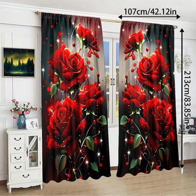 2 pezzi Eleganti tende decorative con stampa digitale ad alta definizione a motivo di rose, realizzate in tessuto di poliestere. Semi-trasparenti per protezione della privacy, resistenti allo sbiadimento, lavabili a mano o in lavatrice, con tasche per appendere, adatte per la decorazione di camera da letto e soggiorno