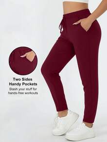 CURVE+ 大码女式柔软弹力紧身裤，带口袋，适合通勤和圣诞节穿着，可作打底裤，情人节春季必备 - 酒紅色 - 查看 7