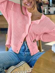 Cárdigan de mujer de punto hueco con botones, diseño de cuello redondo, manga larga y hombros caídos, ligero y transpirable, suelto y casual, adecuado para primavera, verano y otoño - Rosa - Ver 3