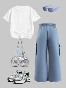 Tween Girl Bow Graphic Print Long Sleeve Top And Cargo Pants Set - White - View 2