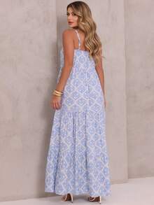 Women's Long Viscose Dress With Adjustable Straps - Blue and White - View 2