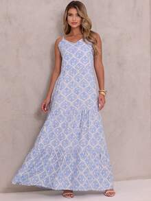 Women's Long Viscose Dress With Adjustable Straps - Blue and White - View 5