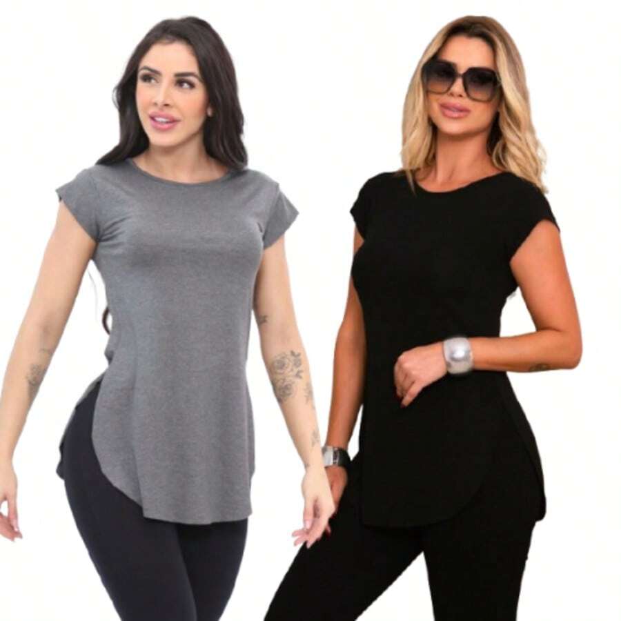 Kit Of 2 Women's Long-Sleeved Gym Tops With Butt-Covering Effect. - 黑/鉛 - 查看 1