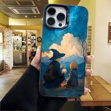 Cubierta de telefono con diseño de bruja y ninos azul oscuro estampado con cielo nublado y paisaje mágico para uso diario en cafeterias y salas de estar - Blanco - Ver 4