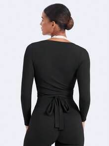 YEOREO Top de Pilates para Mujeres, Manga Larga, Atado, Ballet, Entrenamiento, Yoga, Camiseta Michelie Y2K, Cuello en V, Tops Cortos - Blanco - Ver 10