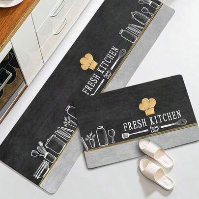  Tapetes de cozinha, conjunto de 2peças, tamanhos 38x58 cm e 38x118 cm respectivamente-Padrão de chapéu de chef-IDee Home