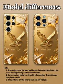 1pc Customizable Personalized Text With Luxury Gold Eagle Design Tempered Glass Phone Case, Compatible With Iphone 17 Pro Max/17 Air/16 Plus/15/17/13/12/11/XS Max/6 7 8 Plus, S25 Edge/S20/24 Plus/S23 FE/S21 Ultra, Fashion High-Definition Printing, Decorated With Gorgeous Gold Floral Pattern And Gold Aircraft Element, Best Gift For Friends, Classmates, Girlfriends, Brothers, Family - Gold - View 6