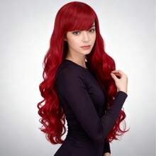 28-Inch Women's Red Long Curly Synthetic Wig With Bangs, Full Wig Head Piece - Red - View 8