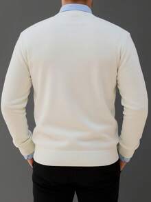 男士V领长袖休闲套头毛衣，秋冬季百搭单品 - 白色 - 查看 2