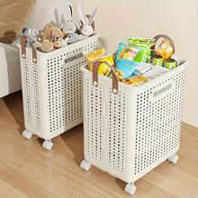 1pc Laundry Cart With Rolling Wheels - Multi-Functional Personal Care Product Dispenser And Storage Box With Processing Design - Dirty Laundry Basket, Clothes Storage Basket - Space-Saving Home Storage Solution, Suitable For Clothes, Accessories, And Laundry Baskets - Fyrhjulig helvit L - Visa 2