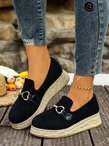 1 Pair Women's New Thick Sole Slip-On Casual Shoes, High Vamp Outdoor Comfortable Metal Buckle Fashion Versatile, Autumn/Winter - Black - View 1