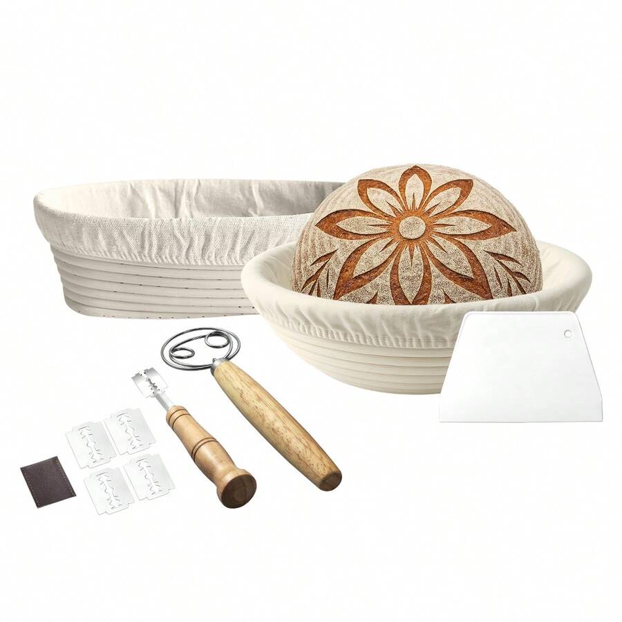 Complete Bread Making Kit: Round/Oval Natural Rattan Proofing Basket Set With Lame, Dough Scraper & Linen Liner - Perfect For Home And Professional Bakers, Sourdough Starter Kit, Bread Making Supplies And Tools - - - View 1