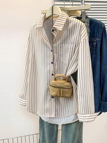 YUXIN 女士春秋季趣味卡通兔子印花蓝色条纹衬衫，宽松休闲办公百搭修身长袖上衣 - 杏色 - 查看 3