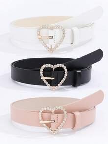 3pcs/Set Heart Shape Rhinestone Buckle Women's Versatile Belt Halloween, Pink Accessories Valentine's Day Summer, School Fall, Autumn, Halloween