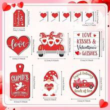 12-Piece Valentine's Day Bright Red Wooden Decor Set - Charming Assorted Designs (Heart/Gnome/Cupid/Truck Accents + "Love/Kisses & Wishes" Romantic Slogans), Durable Unfinished Wood Material, Battery-Free Tabletop/Party Decor Supplies, Festive Valentine's Day Decor Accents (Tray Not Included) - Multicolor - View 6