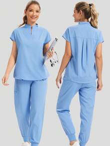 Women's V-Neck Pocket Top And Sports Pants Set, Stretchy Care Uniform Set, Work Uniform, Multi-Pocket Design - Baby Blue - View 1