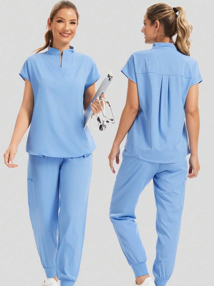 Women's V-Neck Pocket Top And Sports Pants Set, Stretchy Care Uniform Set, Work Uniform, Multi-Pocket Design - Baby Blue - View 1