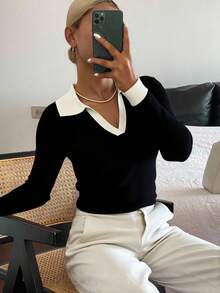 Livesso Áo len cổ bẻ màu trơn phong cách công sở thu đông, áo dài tay, quần áo nữ mùa thu - màu đen - Xem 4