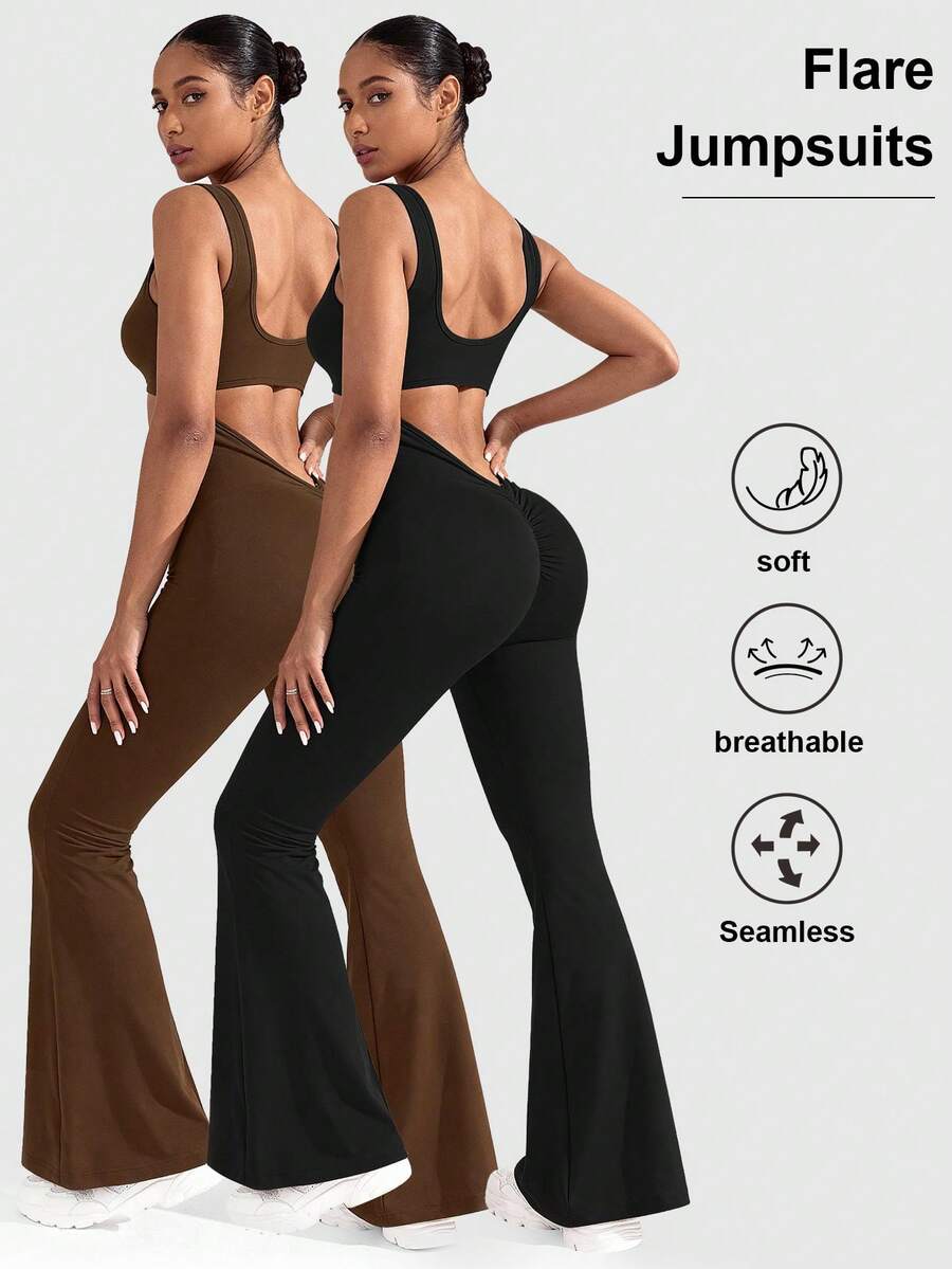 VVX Womens Flare Jumpsuits One Piece Seamless Butt Scrunch Workout Romper Square Neck Backless Wide Leg Unitard Fall Women Outfits - 黑色/棕色 - 查看 1