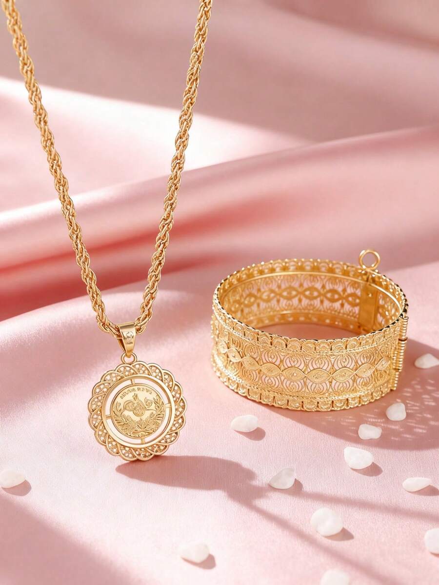 一套宫廷幸运眼和邪眼镂空金属手镯，花朵和奥斯曼图案吊坠项链，适合中东婚礼、派对、节日、圣诞礼物