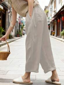 Pantalones de mujer de unicolor con cordón en la cintura y bolsillos laterales - Albaricoque - Ver 4