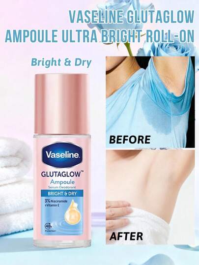  Vaseline GlutaGlow Brightening Roll-On Moisturizer, 48-Hour Dryness Control, Brightening & Dryness Relief, Instant Antiperspirant, Long-Lasting Freshness, Cooling Massage Applicator, Pocket-Sized, Alluring Fragrance, Invisible Quick-Drying Film, Non-Sticky, Glutathione + Vitamin C&E Dual-Action Formula, Fades Dullness, Enhances Skin Radiance