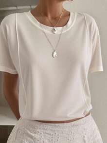 Livesso Solid Seam Detail Tee Old Money Style Business Casual Woman Work Clothes - White - View 5