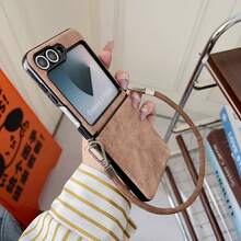 1pc Stylish Minimalist Suede PU Leather Folding Phone Case Compatible With Samsung Galaxy Z Flip7/6/5/4 - Women's Wristlet Strap Full Body Shockproof Protective Cover