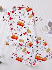 Two Piece Set Of Fried Chicken And French Fries Cola Printed Women's Pajamas, Made Of Milk Silk Material, Breathable And Soft, Including A Collared Shirt And Loose Elastic Shorts, Suitable For Family Gatherings, Birthday Gifts, Christmas Parties, Outdoor Activities - 白色 - 查看 3