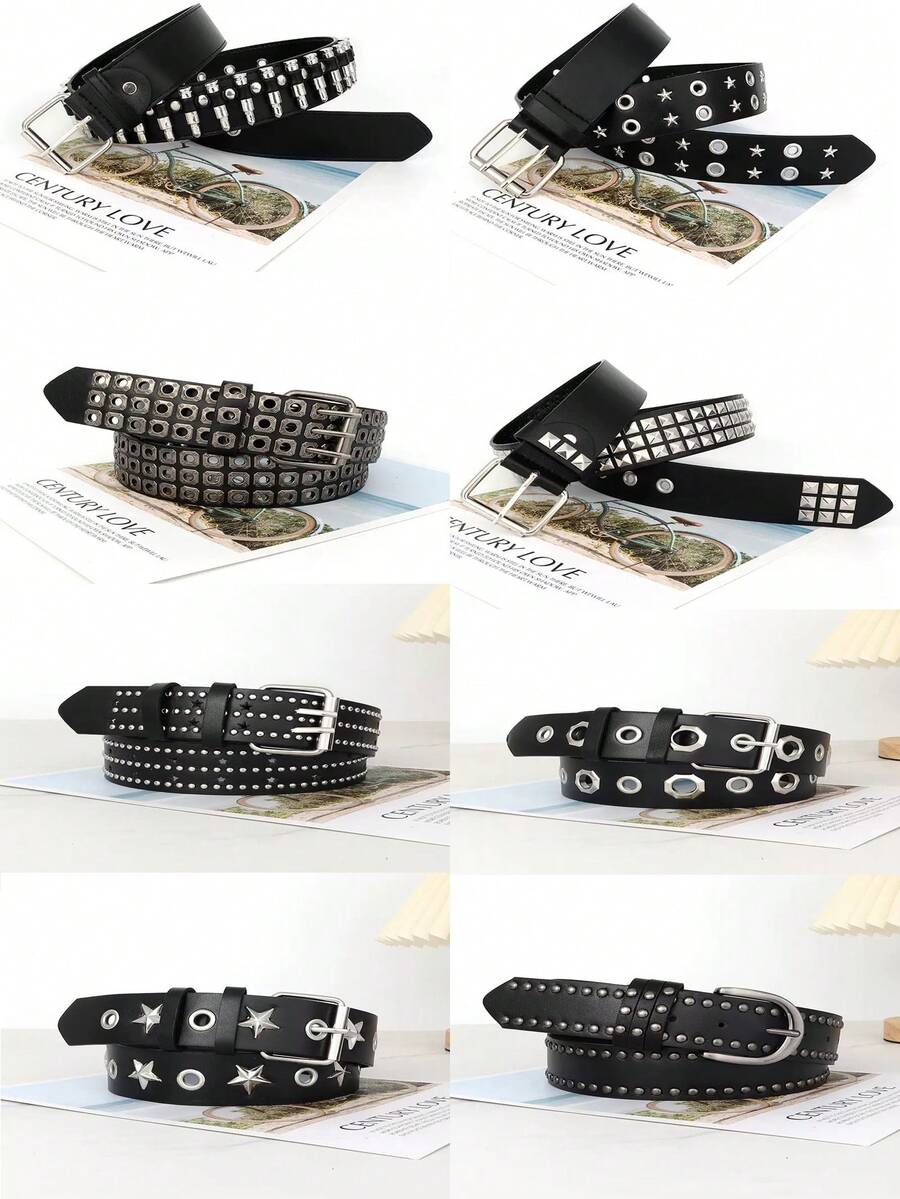 8pcs/4pcs/2pcs Assorted Punk Style Square Rivet Belts, Versatile Fashion Accessory For Jeans, Suits, Random Delivery - Black - View 1