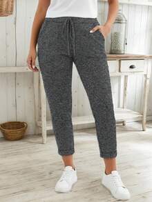 大码女式紧身瑜伽裤，黑色柔软弹力休闲裤，适合春、夏、秋季通勤，修身剪裁带口袋，时尚运动服 - 深灰色 - 查看 4