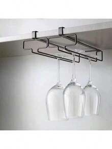 1个橱柜下酒杯架，厨房悬挂式金属玻璃杯收纳架，免钉玻璃杯整理架，黑色，节省空间，安装简便，防滑，适用于家庭、酒吧、厨房、咖啡馆、办公室和酒店，价格实惠