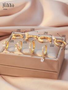 Hihho 8 件/套经典花形水晶耳钉，搭配闪亮锆石耳圈，优雅女士珠宝套装，非常适合日常佩戴和节日派对礼物 - 金黃色 - 查看 8