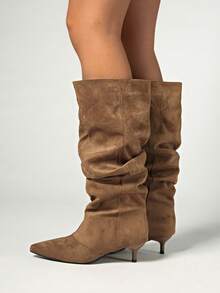 Fall/Winter 2025 New Kitten Heel Pleated Thigh High Boots, Pointed Toe Over The Knee Tall Vintage Riding Boots - Khaki - View 3