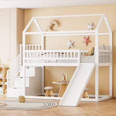 Children's Bunk Bed 90*200, High Bed, With Slide And Storage Ladder, High Guardrail Design, Solid Wood Bed Frame, Slatted Base, Wood Color