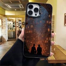 Cubierta de teléfono con diseño de fantasía negra con siluetas de hombres en sombreros y edificios antiguos iluminados para uso diario en cafeterías - Blanco - Ver 4