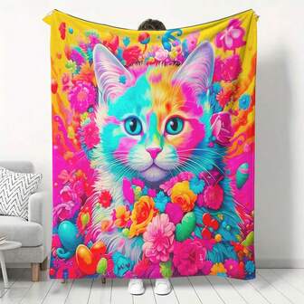 1件柔软舒适的花卉猫咪图案法兰绒毯，采用印花拼接设计，保暖百搭，适合所有季节，可用于沙发、床、旅行和露营。