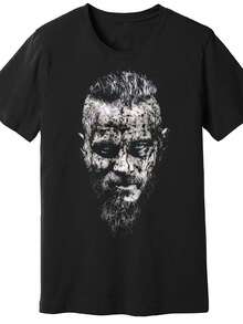 Men's Viking Ragnar Lothbrok Graphic T-Shirt- Black Short Sleeve Casual T-Shirt With Realistic Bearded Face And Blue Eyes Print, Oktoberfest And Renaissance Festival Clothing, All Seasons Clothing| Crew Neck Shirt| Stretch Fabric - Black - View 8